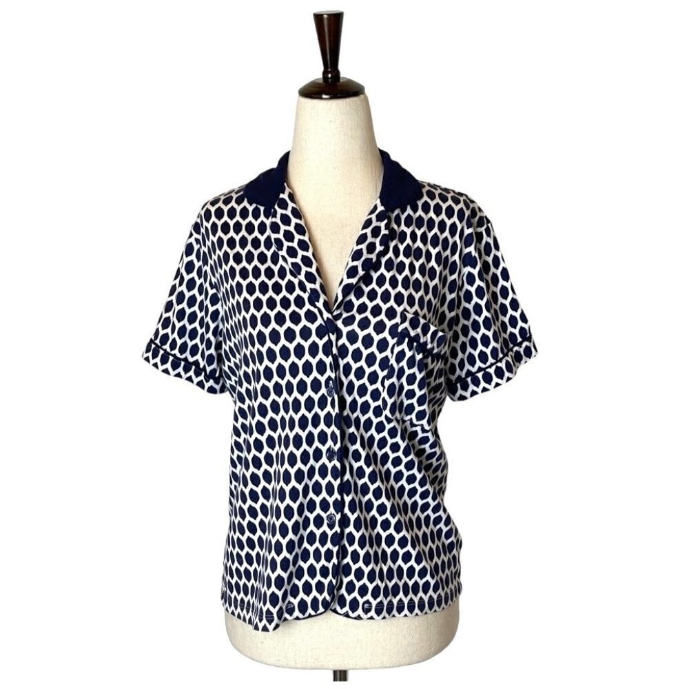 Kate Spade Navy Blue And White Lemon Print Button Down Pajama Top Size S‎